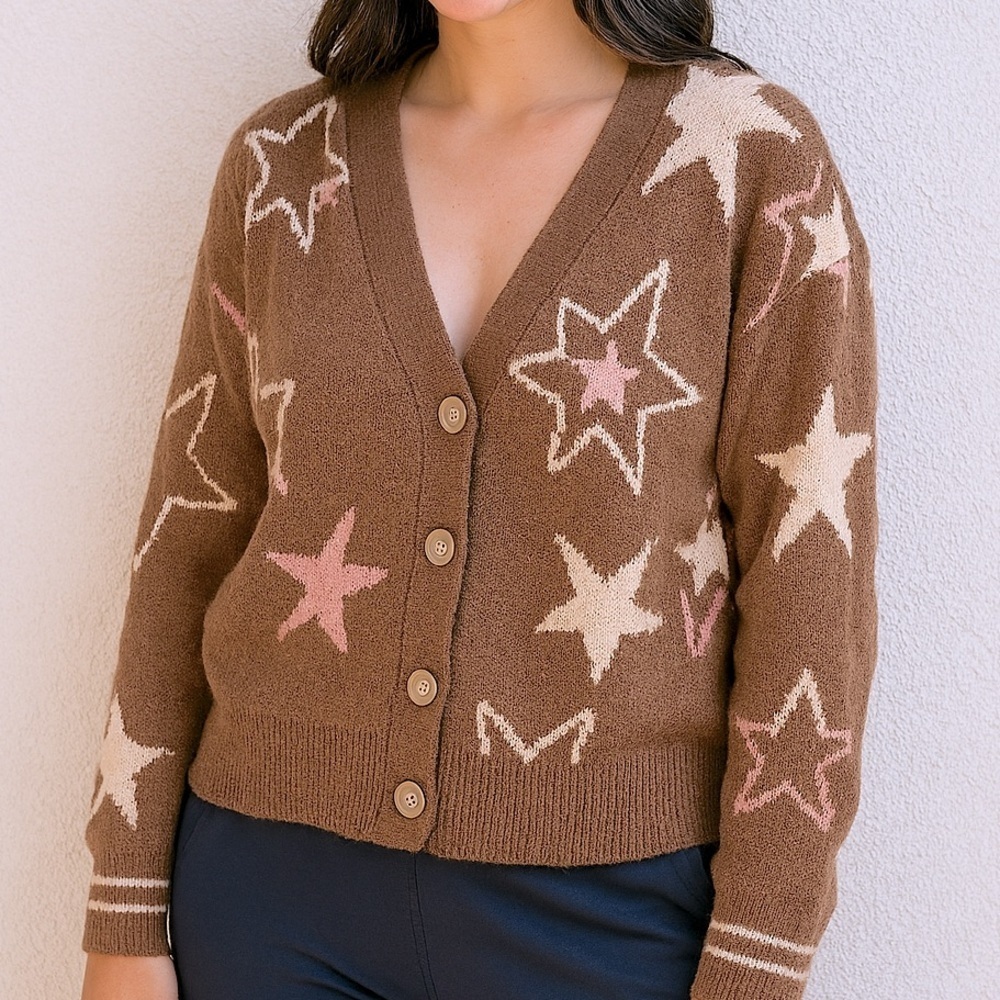 Celebrity Pink Women's Brown Star Print Button Front Cardigan Sweater size large